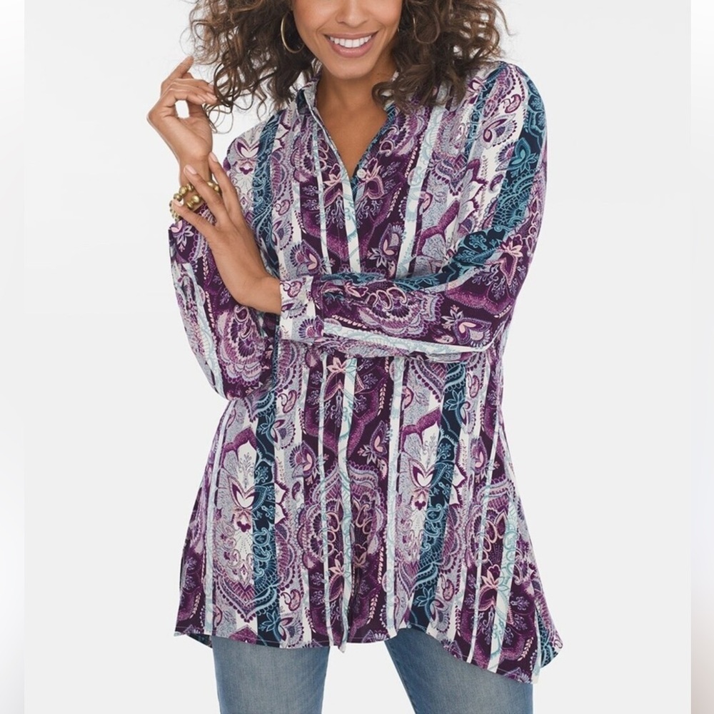 Chico's NEW Purple Teal Paisley Button Down Tunic Blouse Long Sleeves  1 /Small